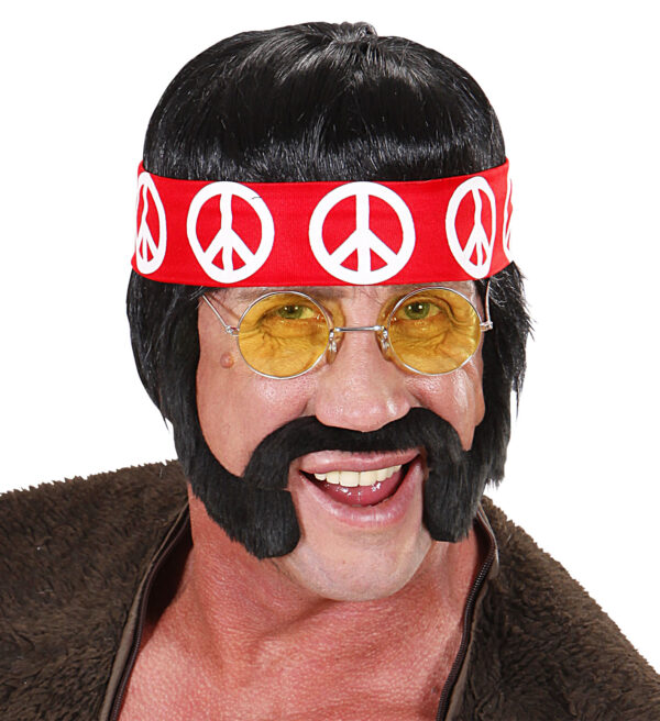 BLACK HIPPIE WIG WITH SIDEBURNS MOUSTACHE