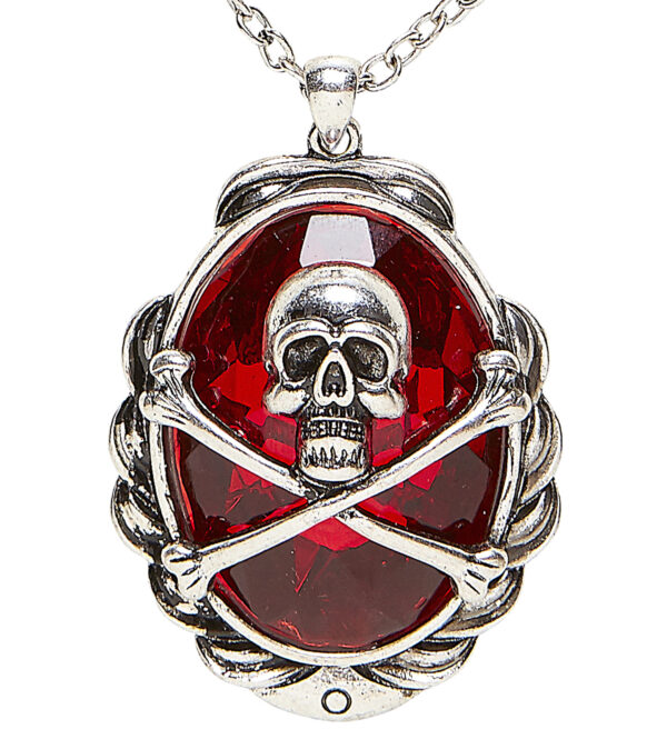 Halskette mit Totenkopf und gekreuzten Knochen auf rotem Juwel